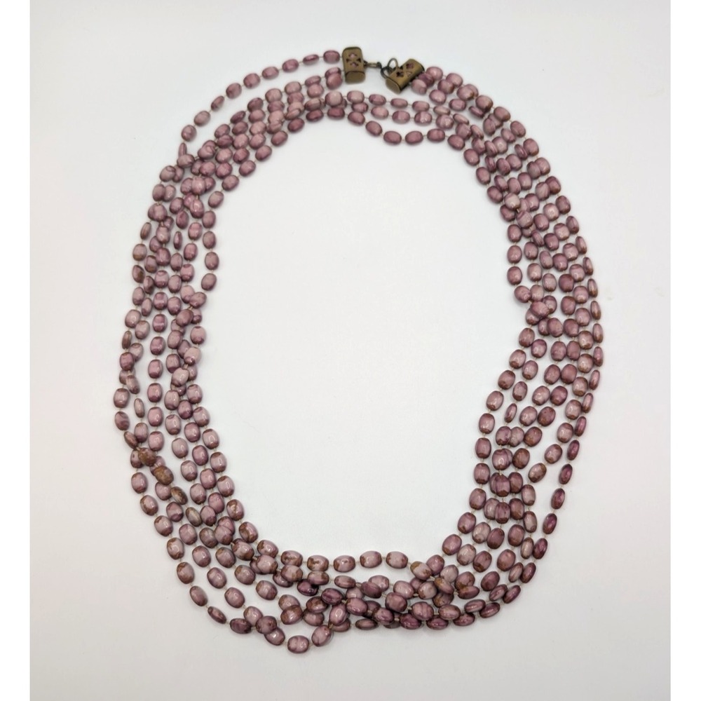 Vintage Three Strand Marbled Purple Plastic Bead Necklace Brass Filigree Clasp